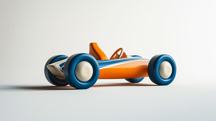retro wooden toy racecar with blue, white and orange colors on a white background.