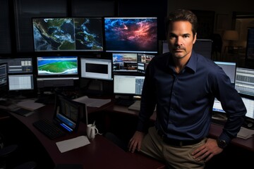 A dedicated meteorologist from the State Weather Services, surrounded by high-tech weather monitoring equipment, studying the latest climate patterns with a focused expression