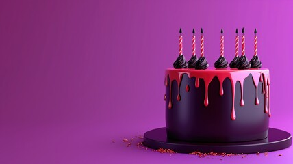 Dark cake with dripping red glaze and lit candles