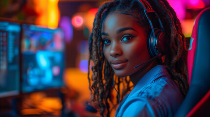 Smiling young asian female gamer playing with a controller in a cozy, colorful room illuminated by ambient lights.