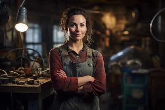 Portrait of a Determined Female Gunsmith, Expertly Crafting Firearms in Her Rustic Workshop, Illuminated by the Warm Glow of a Hanging Lantern