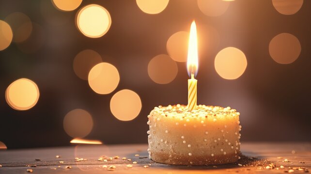 A single lit candle on a small frosted cake with golden bokeh