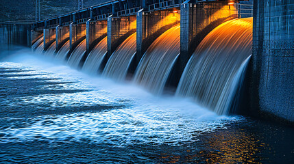 Hydroelectric Dam Power Generation: Water Reservoir, Turbine Technology, and Concrete Construction in Natural Landscape - obrazy, fototapety, plakaty