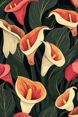calla lilies with steams pattern in the style of 60s illustration art poster