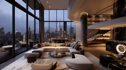 Sophisticated Penthouse Living Room with City Skyline View at Dusk