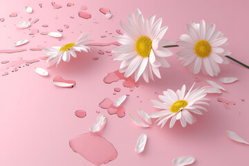 3D Daisy flowers with their fallen petals isolated on pink background 
