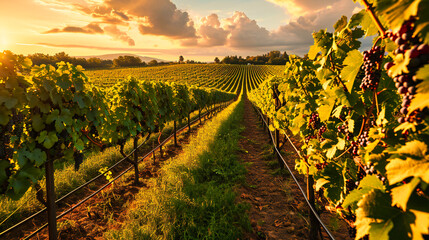 Scenic Vineyard Landscape at Sunset, Agricultural Wine Country, Growing Grapes in Rural Area,...