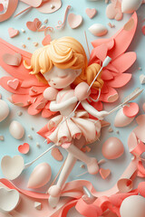 Angel holding heart-shaped balloons amidst Christmas decorations which symbolizes love and happiness in the winter festival atmosphere. Cupid of love