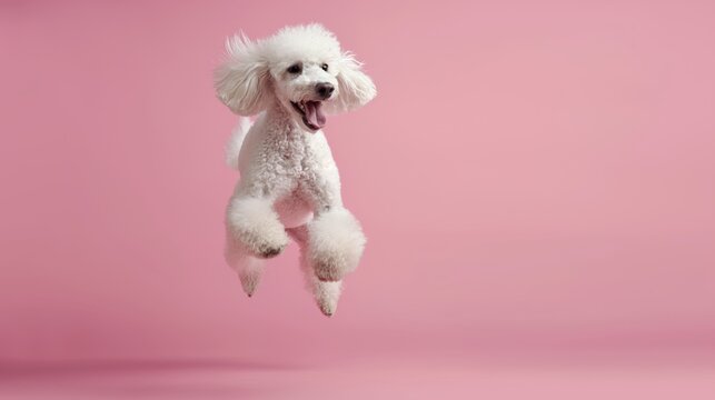 Funny active poodle jumping over pink background.