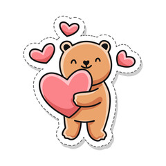 sticker illustration, cute bear and heart pillow with a Valentine's theme