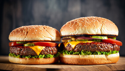 Close-up of delicious homemade burgers on a wooden table on a dark background beef hamburger...
