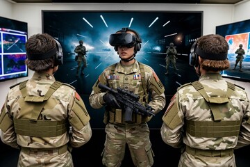 Fototapeta premium Soldiers equipped with VR goggles engaged in a realistic military game, providing a glimpse into the future of high-tech warfare simulation and immersive combat training.
