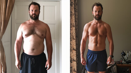 Awesome Before and After Weight Loss fitness Transformation. The man was fat but became athlete. Fat to fit concept. - obrazy, fototapety, plakaty