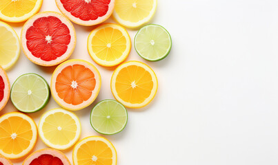 Citrus fruit slices on white background, top view. Space for text