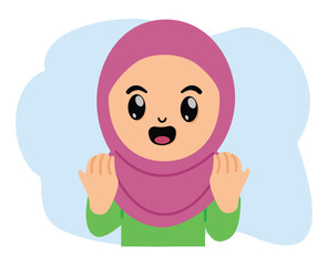 illustration hijab girl is raising two hands praying and cute character muslim girl cartoon is praying