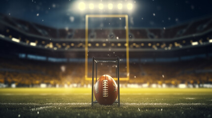 American football arena with yellow goal post, grass field and blurred fans at playground view. 3D render. Flashlights. Concept of outdoor sport