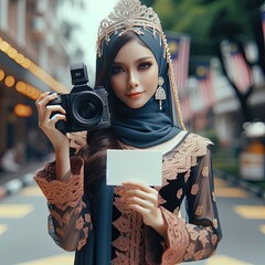 Young islamic(muslimah) girl with traditional clothing holding blank sign with Generative AI.