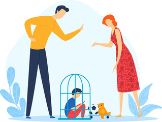 Man and woman arguing while a child sits inside a birdcage, family conflict concept. Parents quarrel, neglected child, social issues vector illustration.