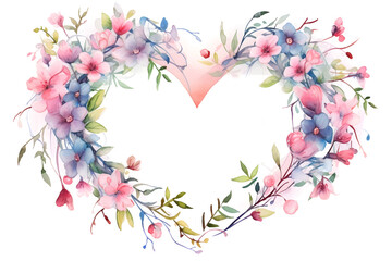 Watercolor pastel pink blue heart-shaped flowers frame background for romantic design decoration