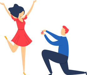 Man kneeling proposing to excited woman jumping with joy. Couple engagement celebration moment. Romance and love expression vector illustration.