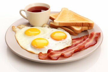 Fototapeta premium Breakfast Scene with Fried Eggs, Bacon, and Toast on a Coordinated Yellow Plate, Isolated Background, Generative AI