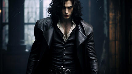 vampire hunter Wearing a leather coat with silver weapons crosses and determined fearless expression