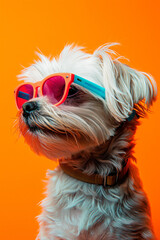  portrait of Maltese dog, wearing neon glasses. bright pastel background, bold minimalism