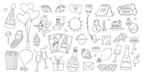 Set of cute hand drawn elements about love. Happy Valentine's Day vector illustration. Design elements isolated on white. Doodle style. Line art