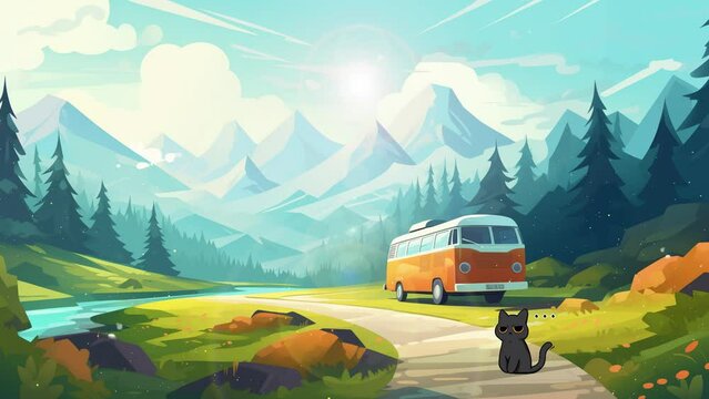 Summer Adventure Illustration of a Camper van. cartoon anime illustration. seamless looping overlay 4k virtual video animation background 
