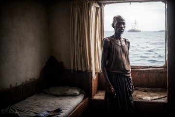 impoverished, skinny black man in a fishing village in Africa, possibly Somali, highlighting the economic challenges and hardships faced by individuals in such communities.
