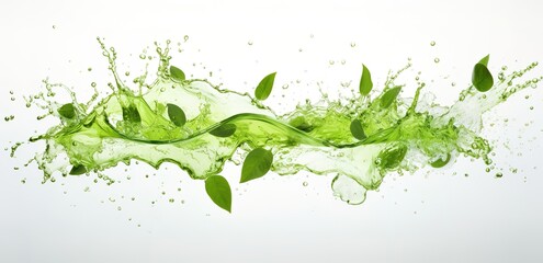 Flowing water waves with green leaves and splashes around it. generative AI