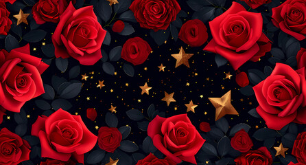 a beautiful background with red roses and gold stars