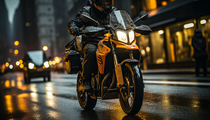 Motorcycle racing at night, speed, danger, adventure, illuminated city generated by AI