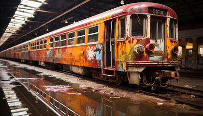 Obraz premium Old fashioned car on railroad track in city, traffic, motion, speed generated by AI
