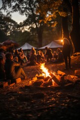 Corporate retreat with teams enjoying a bonfire in the evening, Generative AI