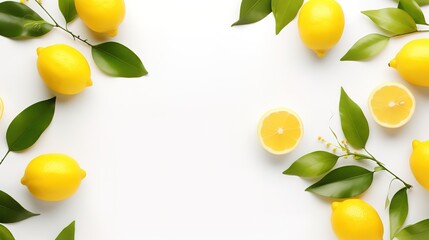 Fresh yellow lemon with green leaf decoration next to it in photo on white background. generative AI