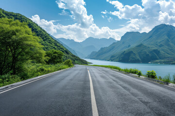Naklejka premium Asphalt road and mountain with lake natural scenery in Hangzhou China. 