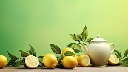 Fresh lemon slices in the photo on a green background. generative AI