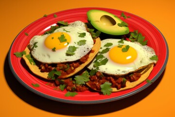 Fototapeta na wymiar Mexican Style Huevos Rancheros with Fried Eggs, Salsa, and Guacamole, Plated on Yellow Dish, Generative AI