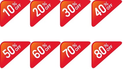 Different percent discount sticker discount price tag set. Red round speech bubble shape promote buy now with sell off up to10, 20, 30, 40, 50, 60, 70, 80 percentage illustration isolated on white - obrazy, fototapety, plakaty