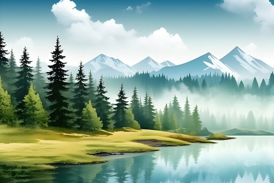 Watercolour in landscape: mountain scenery in the woods in fog, isolated watercolour illustrations generative ai
