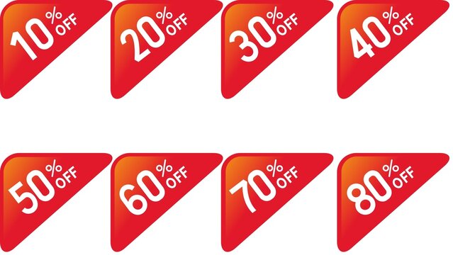 Different percent discount sticker discount price tag set. Red round speech bubble shape promote buy now with sell off up to10, 20, 30, 40, 50, 60, 70, 80 percentage illustration isolated on white