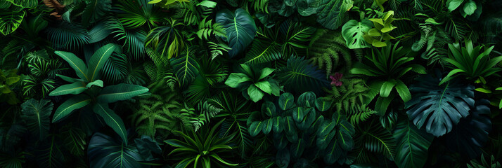 dark leafy vertical garden with green plants and tropical flowers in nature, generative AI