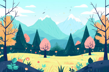 Spring characters are traveling outside the background is various forest trees and mountains in the distance 