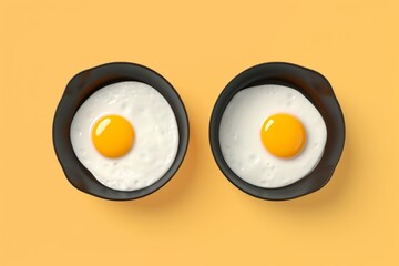 Rustic Style Fried Eggs in an Iron Skillet, Placed on an Isolated Yellow Background, Generative AI - obrazy, fototapety, plakaty