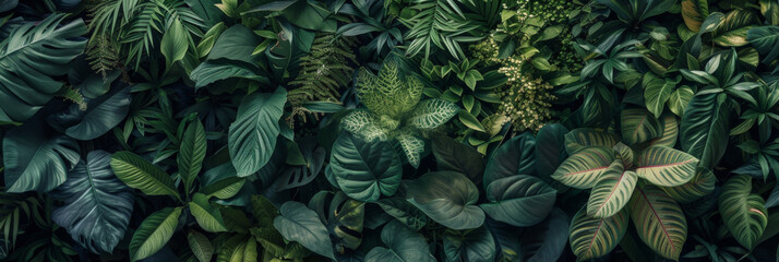 dark leafy vertical garden with green plants and tropical flowers in nature, generative AI