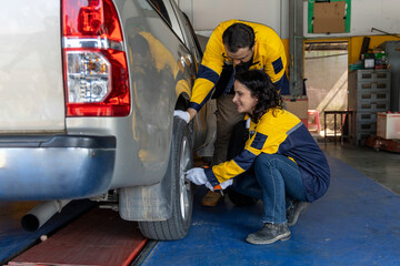 Mechanic holding a tire at the repair garage for replacement and rotation in car service. Vehicle...