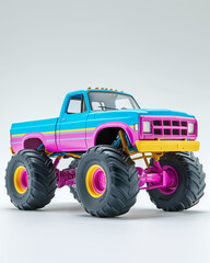Plastic retro toy monster truck, pastel colors, white background