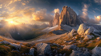 Panorama of towering mountain peaks with the warm golden light of the rising sun