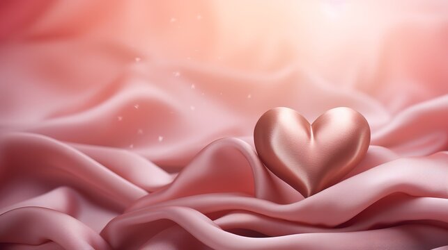 Pink heart symbol shape in the photo on wavy fabric and bokeh light background. generative AI